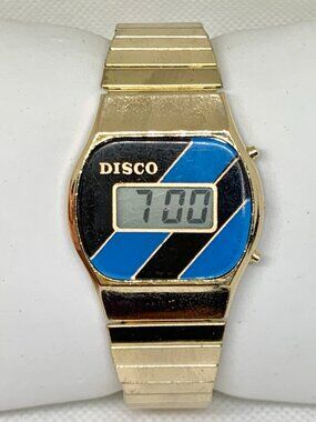 Vintage disco digital lcd watch 32mm gold tone quartz stretch band 6.5” running